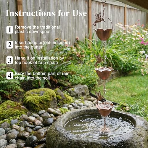 Rain Chain for Gutters (Flower Cups with Hummingbird)