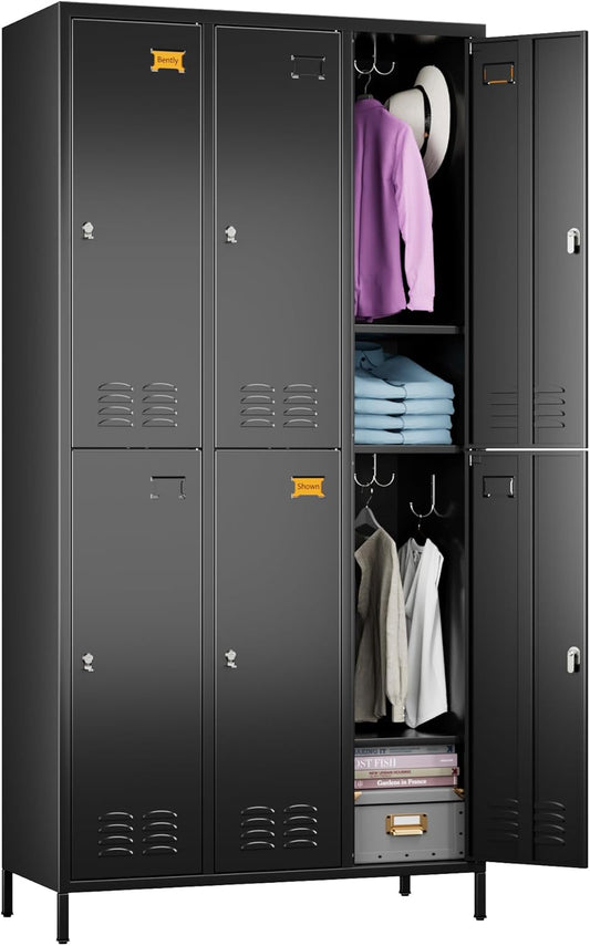 6 Doors Metal Storage Lockers for Employees with 18 Hooks,72" H Employee Lockers with Business Card Holder for Offices School Gyms Home,Assembly Required,Black