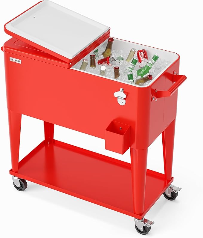 VINGLI 80 Quart Rolling Ice Chest, Portable Patio Party Bar Drink Cooler Cart, with Shelf, Beverage Pool with Bottle Opener