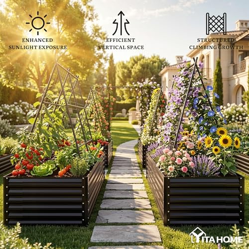 8x4x2ft Galvanized Raised Garden Bed with Cucumber Trellis (Black / 8x4x2ft W/ Trellis)