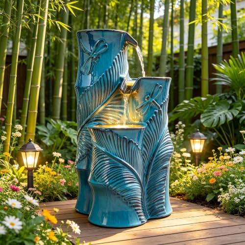 Autodaya Tropical Turquoise Ceramic Outdoor Water Fountain with Lights (25.5"h Bamboo-style Teal Blue)