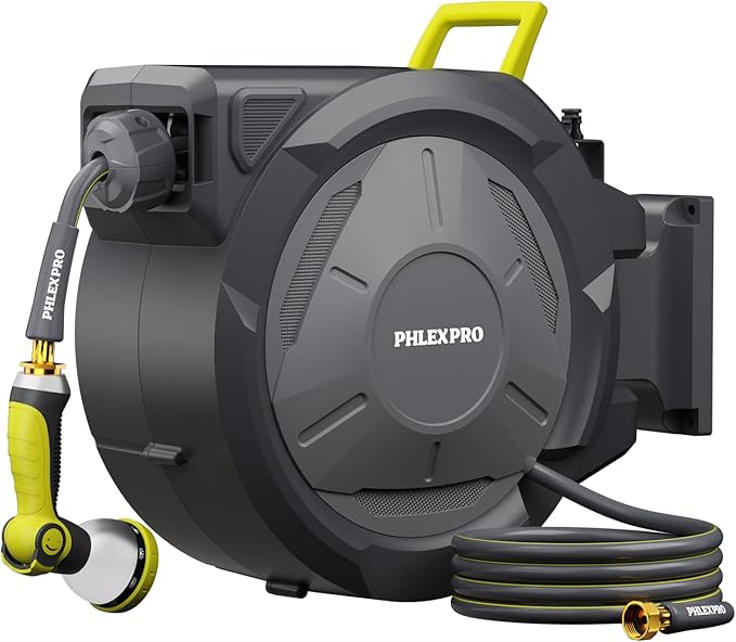 160 FT x 1/2" Retractable Garden Hose Reel - PHLEXPRO Heavy Duty Hose Reel Wall Mount - 3/4in Brass Fitting 10Pattern Nozzle, Any Length Lock, Automatic Slow Retraction 180° Swivel, UV Resistant