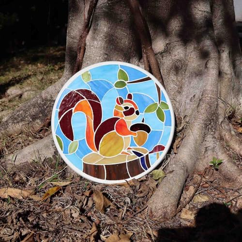 MSS006 Tiffany Style Stained Glass Mosaic Decorative Stepping Stone for Garden Decor (12" Round / Squirrel)