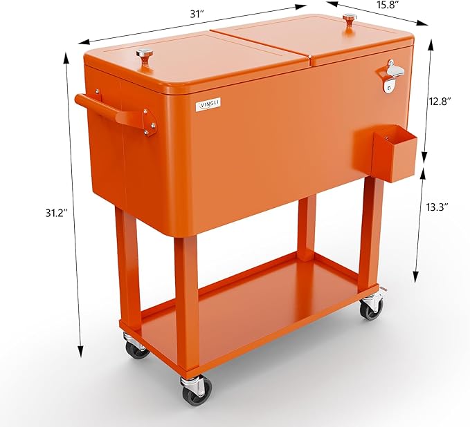 VINGLI 80 Quart Rolling Ice Chest, Portable Patio Party Bar Drink Cooler Cart, with Shelf, Beverage Pool with Bottle Opener