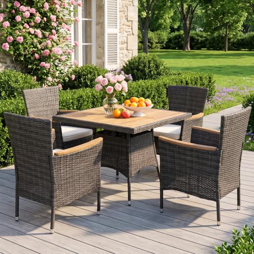 Rattan Patio Table and Chairs Set with Acacia Wood Tabletop (Grey-beige / 5-Pieces)