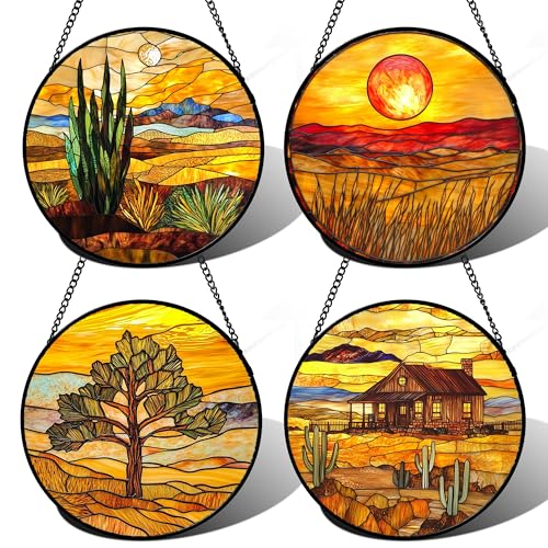 Stained Glass Window Hanging 4 Pcs Set Desert Sunset Theme Landscape 6.3" (4-piece Set Yellow-brown / 6.3x6.3 IN)