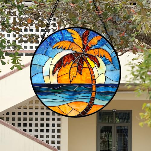 Stained Glass Window Hanging 4 Pcs Set Blue Orange Ocean Beach Theme 6.3" (4-piece Set: Blue Ocean / 6.3x6.3 IN)