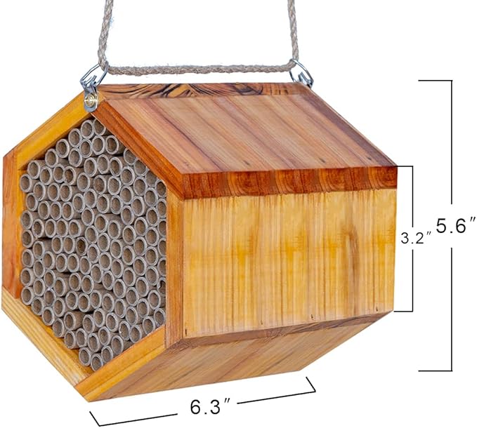 Mason Bee House - Handmade Natural Wooden Bee Hive Coated with Wax for Water-Proof and Long Service Life - Attracts Peaceful Bee Pollinators to Your Garden, Bee Houses for Garden