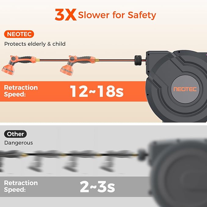 NEOTEC Retractable Garden Hose Reel 1/2 inch x 100ft, Heavy Duty Hose Reel 9-Pattern Nozzle, Auto Lock & Slow Return System, 180° Swivel Bracket