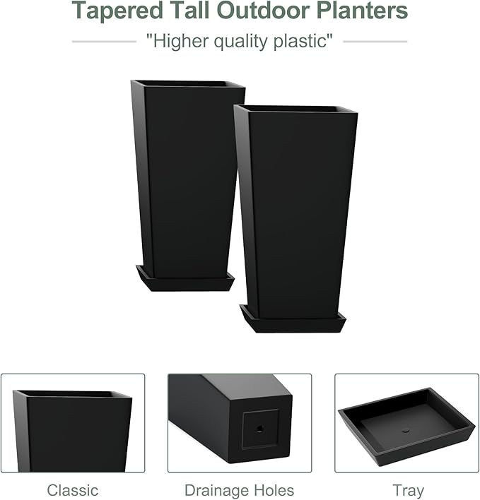 24" Set of 2 Tall Black Planters for Outdoor Plants, Large Flower Pots Planters with Drainage Holes & Tray, Modern Indoor Tapered Planter for Front Porch