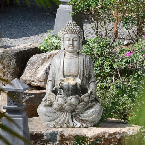 Buddha Fountain Outdoor with Pump & LED Light 23.25" H (Concrete Buddha W/Lotus Leaf&flower Basins / 23.25"H)