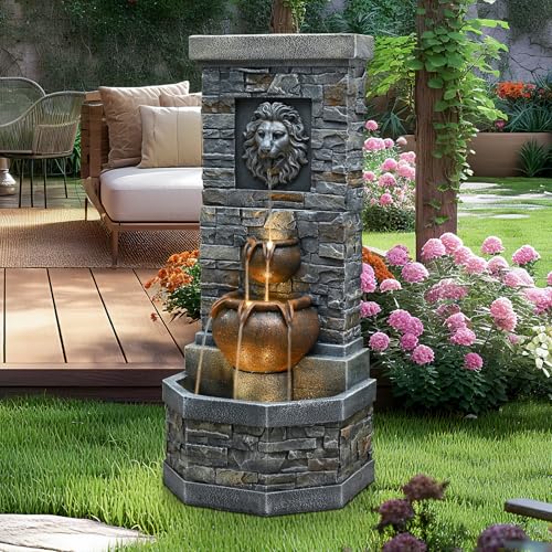 42'' Lion Head Outdoor Water Fountain with Lights (Lion Head 42in)