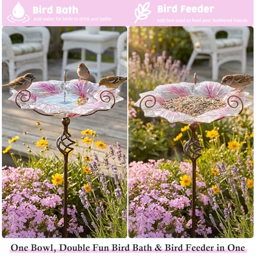 Glass Bird Bath Outdoor Bird Feeder with Metal Stake Garden Decor (Pink)