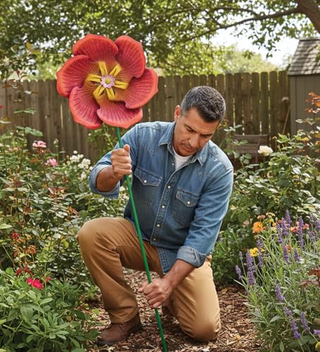 Wind Spinner Outdoor Metal Kinetic Yard Art with Stake (Poppy / Small (60-69 Inch))