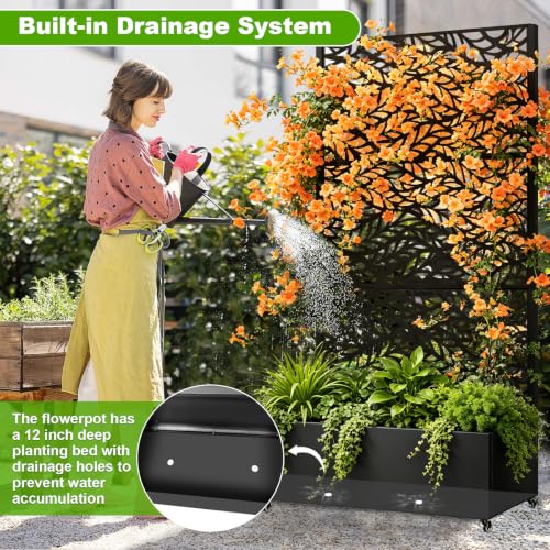 Metal Planter Box with Trellis (Black Leaf-shaped / 72"x35"x16")