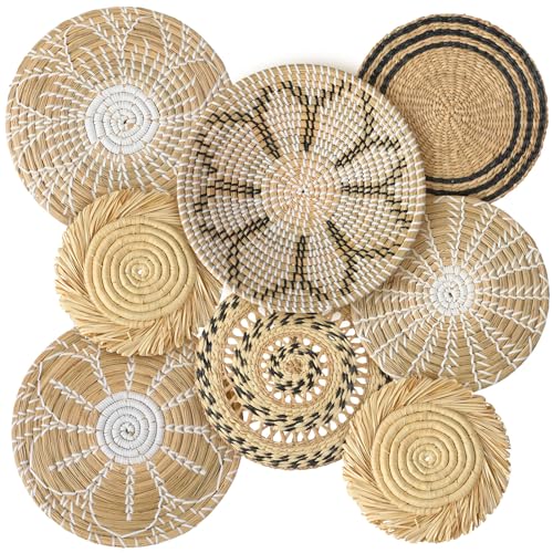 8 Pcs Boho Wall Basket Decor Decorative Bulrush Woven Basket Wall Decor Rustic Farmhouse Hanging Baskets for Kitchen Rustic Home Summer Decorations (Groovy)