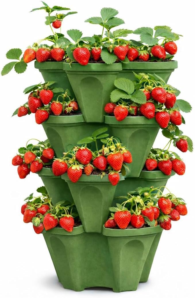 Vertical Garden Planter 4 Tier Stackable System 16 Plants, Space Saving Herb, Strawberry & Food Crop Planter with Center Support Hole for Indoor Outdoor Gardening (4, Sagebrush Green, Small)
