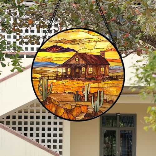 Stained Glass Window Hanging 4 Pcs Set Desert Sunset Theme Landscape 7.8" (4-piece Set Yellow-brown / 7.8x7.8 IN)