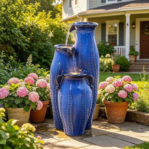 30" Outdoor Water Fountain (Blue Cascading Vase Cobalt 29.5"h)