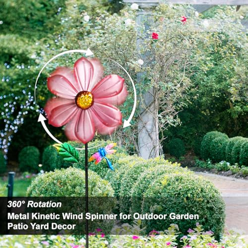 Metal Outdoor Flower Wind Spinner with Pink Floral & Gold Dragonfly