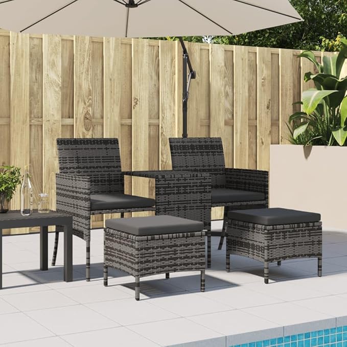 Grey 2 Seater Garden Sofa Set with Tea Table and Footstools PE Rattan Outdoor Patio Furniture for Balcony Terrace and Backyard
