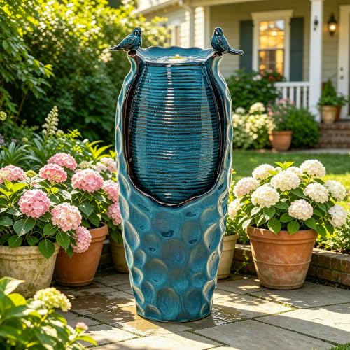 Autodaya 33" Vase Ceramic Outdoor Water Fountain with Lights and Birds (33"h-birds Jar Turquoise Glaze)