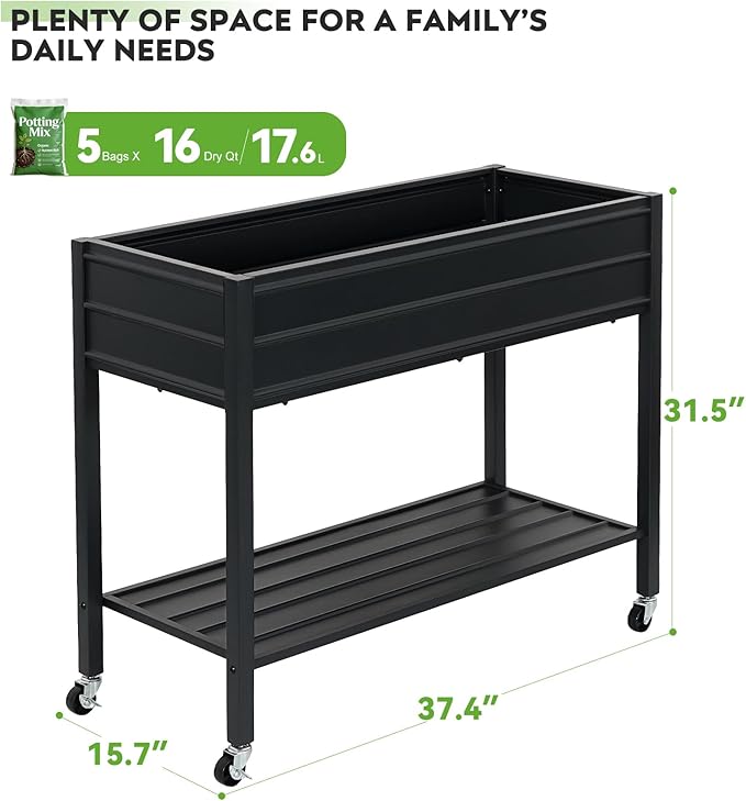ZORMY 32" Tall Galvanized Raised Garden Bed with Legs Wheels & Shelf, Elevated Planter Box Outdoor for Vegetables, Herbs & Flowers, Patio & Backyard, Garden Bed with 400lb Capacity，Black