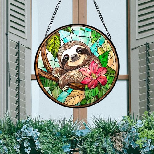 Stained Glass Window Hanging Sloth Flower Suncatcher Gifts for Women 9.8" (Green and Brown / 9.8x9.8 IN)