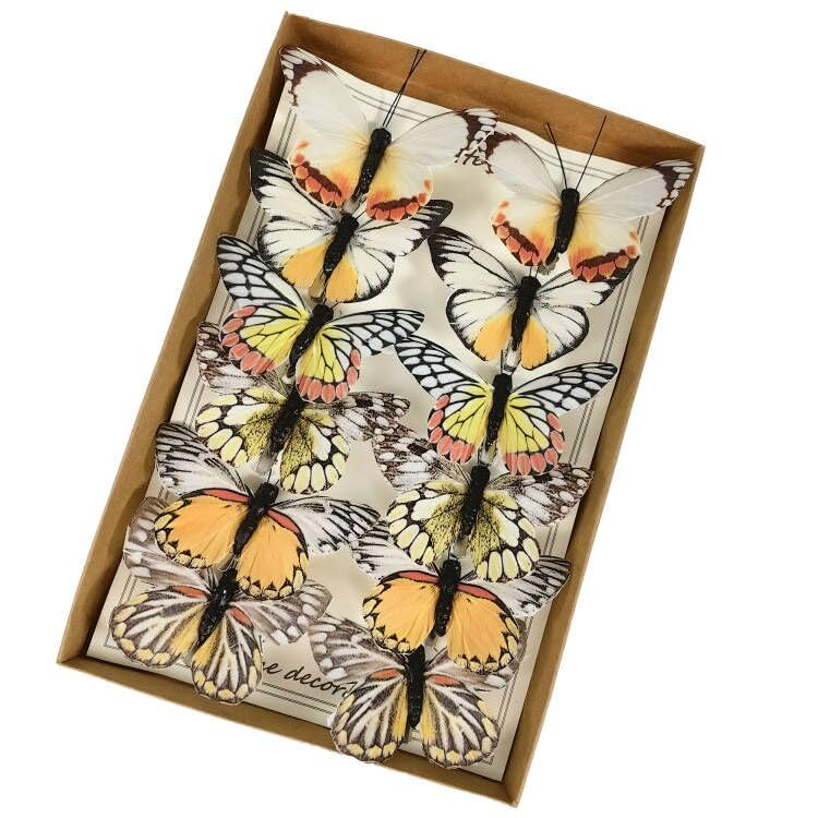 Artificial Feather 3D Butterfly Party Decorations Set of 12 with Clip 6 Color Ornaments for Home Decoration (C Clip)