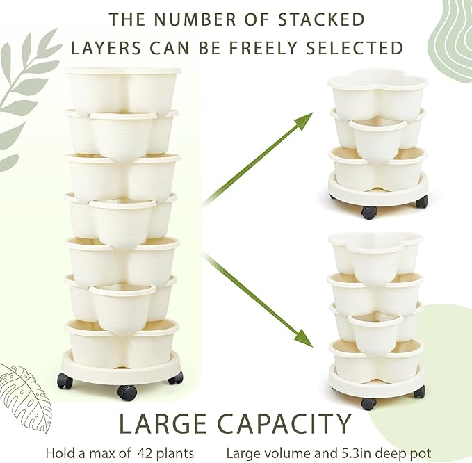Umigy 1 Set Ivory 7 Tier Stackable Vertical Planters with Removable Wheels and Tools Tower Planters Strawberry Herb Flower Vegetable Pots Indoor Outdoor Gardening Pots