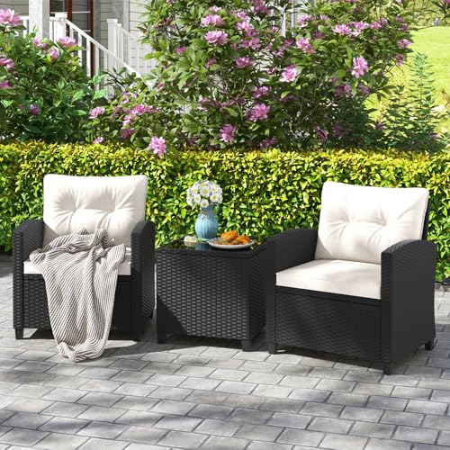 3 Pieces Wicker Patio Conversation Set (Black & Off White)