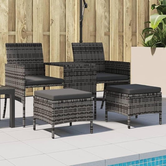 Grey 2 Seater Garden Sofa Set with Tea Table and Footstools PE Rattan Outdoor Patio Furniture for Balcony Terrace and Backyard