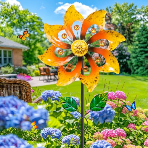2pcs Metal Wind Spinners Outdoor with Stake for Yard Lawn Garden (2pc Yeloow)