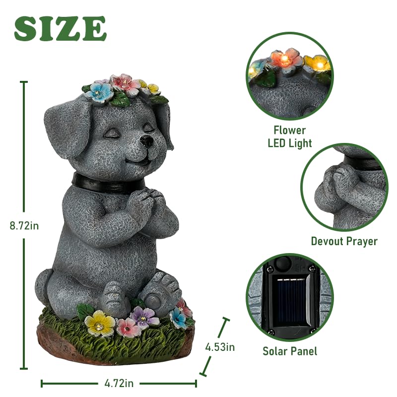 Meditating Dog Garden Statue with Solar LED Lights (Light Grey)