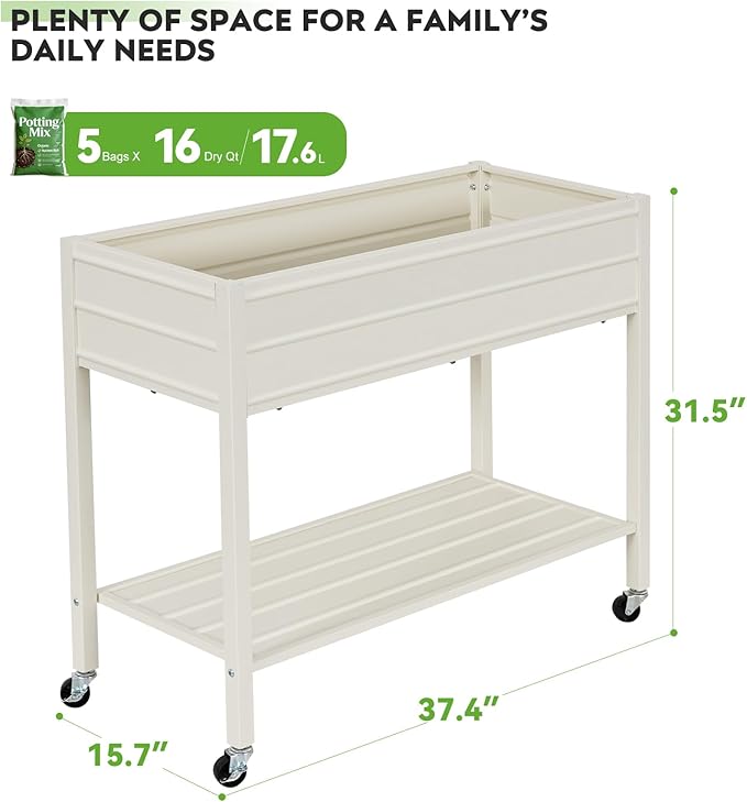 ZORMY 32" Tall Galvanized Raised Garden Bed with Legs Wheels & Shelf, Elevated Planter Box Outdoor for Vegetables, Herbs & Flowers, Patio & Backyard, Garden Bed with 400lb Capacity，White