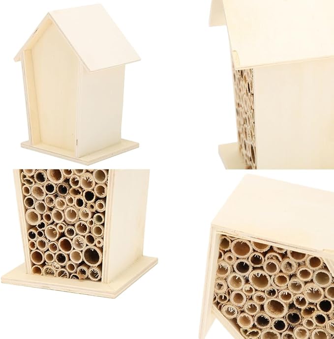 Bee House, Wooden Insect Hotel Hanging Bamboo Bees Hive Habitat Bug Garden Shelter Insects House Decoration Beneficial Nests Box Decorations for Butterfly Bird Outdoors Attracts Pollinators 2PCS