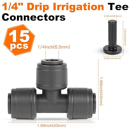 Quick-Connect Drip Irrigation Tee Connectors - 15 Pack Drip Irrigation Tee Fittings for 1/4 Inch Irrigation Tubing，15 End Plugs for Leak-Free Solutions in Sprinkler & Drip Irrigation Systems