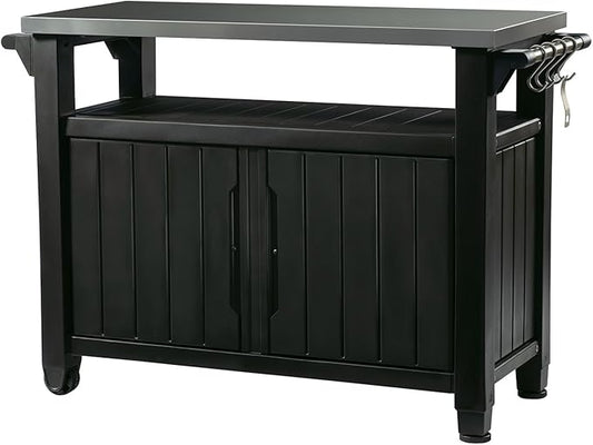 Keter Unity XL Portable Outdoor Table with Stainless Steel Top for Kitchen Prep and Outdoor Storage Cabinet for Grilling Accessories, Dark Grey