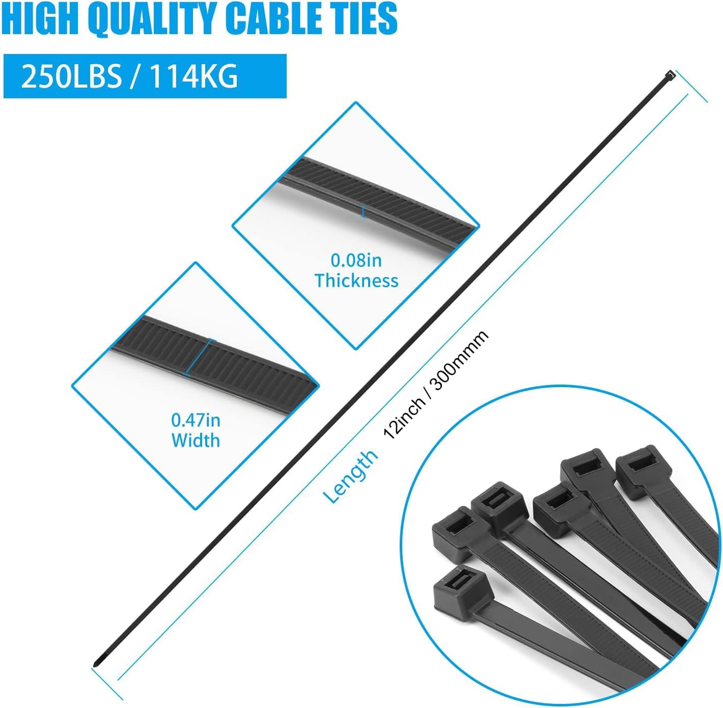 12 inch Pink Zip Ties Heavy Duty 100 PCS, 250 LBS Ultra Exclusive Strong Plastic Wire Ties, Large Cable Ties Extra Long Tie Wraps, Indoor and Outdoor UV Resistant