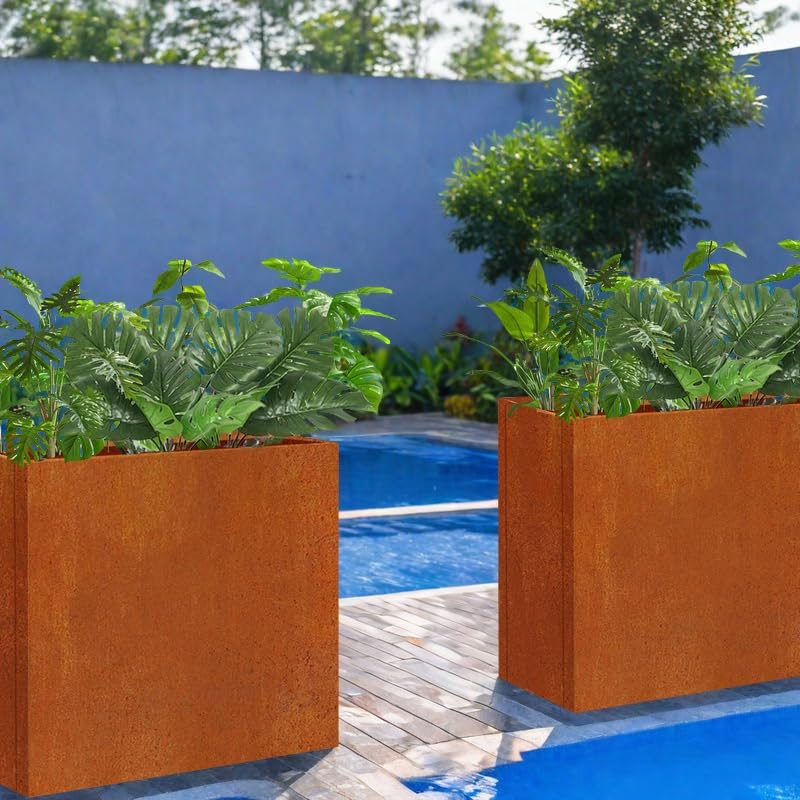 Metal Tall Long Planter Box Large Rectangular Planter Flower Pot with Drainage Holes for Indoor Outdoor Deck Porch Garden Home Patio Front Door (Rusty Orange / Small)