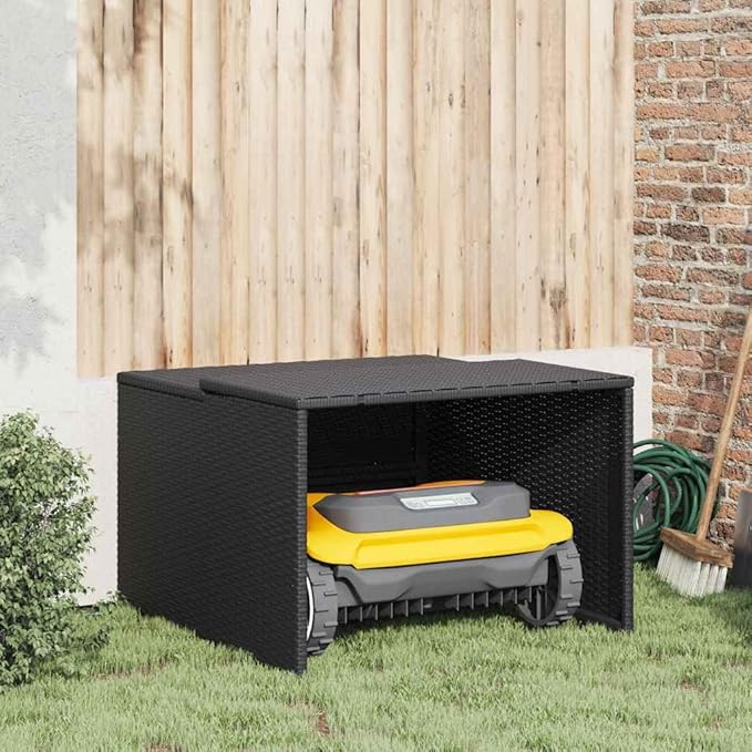 vidaXL Robot Mower Garage, Outdoor Lawn Mower Storage, Garden Storage Small Shed for Lawn Mower, Robot Mower Carport, Lawn Mower Shelter, Black Poly Rattan