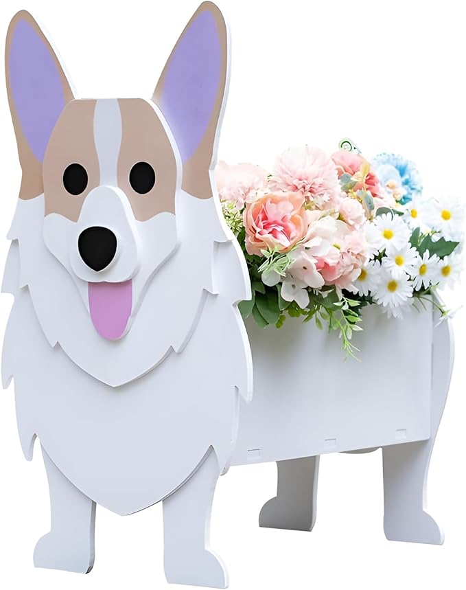 Small White Corgi Dog Planter Plant Pots, Animal Shaped Planter Pot, Premium Garden Succulent Plant Pots Cute Dog Design, Storage Container Planters for Indoor Plants 9.8 x 6.3 inch