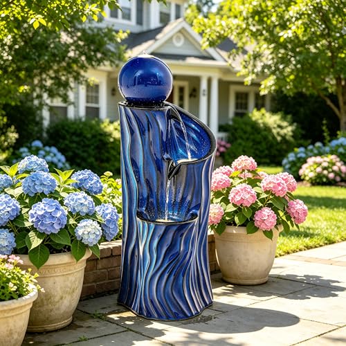 32"Ceramic 3 Tier Sphere Outdoor Water Fountain (Blue Wave Texture Cobalt 32"h-sphere)