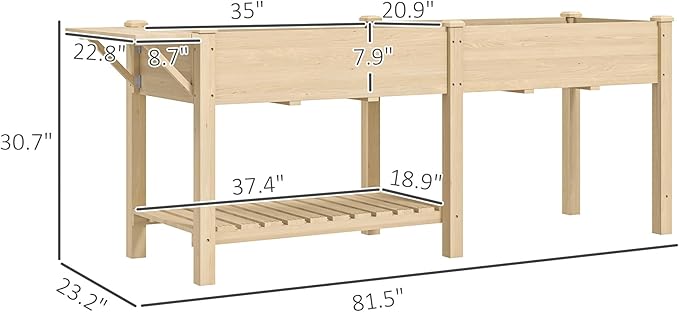 Outsunny Raised Garden Bed, Wood Elevated Planter Box with Side Table, Bottom Shelf, Outdoor Raised Planter with Bed Liners, Drainage Holes for Vegetable Flower, 81.5 x 23 x 31 in, Natural
