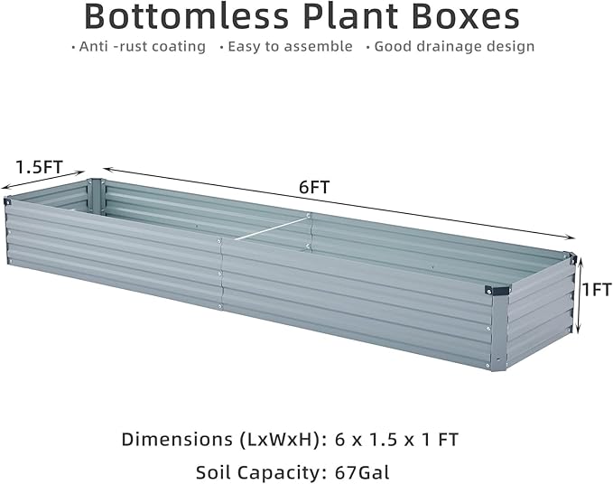 2 Pack 6x1.5x1FT Galvanized Raised Garden Beds Kit Outdoor Metal Gardening Planter Box for Vegetable Elevated Flower Herbs,Gray