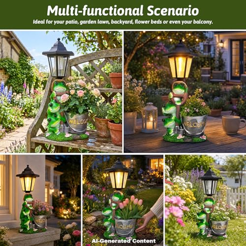 Solar Frog Outdoor Garden Statue with Flowerpot & Lantern (Frog)