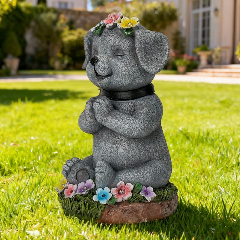 Meditating Dog Garden Statue with Solar LED Lights (Light Grey)