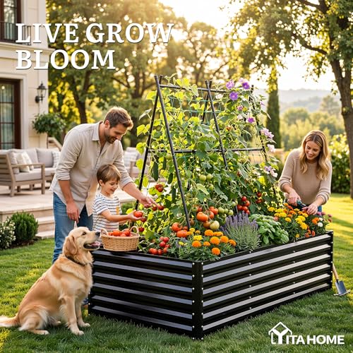 8x4x2ft Galvanized Raised Garden Bed with Cucumber Trellis (Black / 8x4x2ft W/ Trellis)