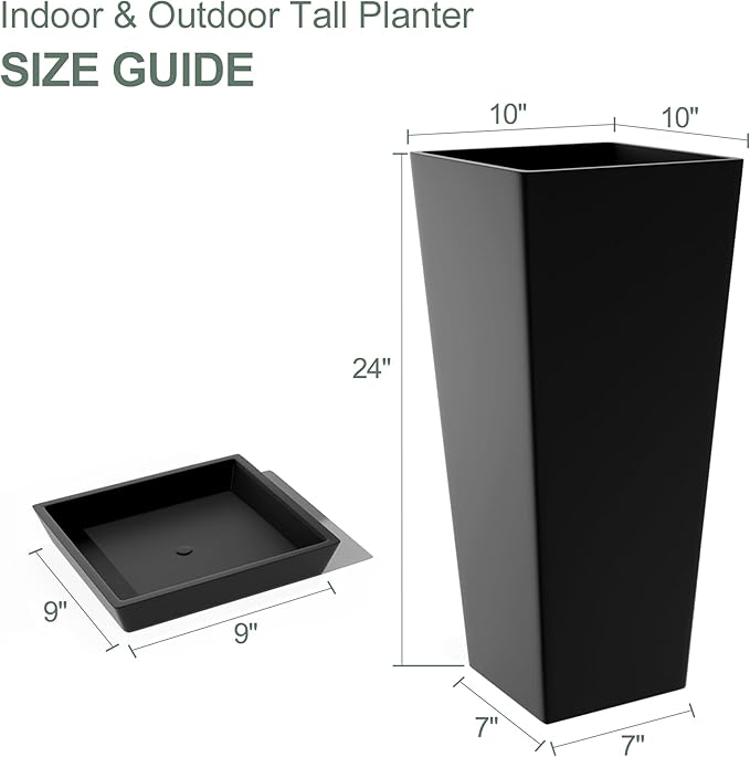 24" Set of 2 Tall Black Planters for Outdoor Plants, Large Flower Pots Planters with Drainage Holes & Tray, Modern Indoor Tapered Planter for Front Porch