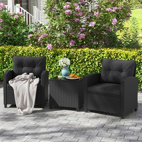 3 Pieces Wicker Patio Conversation Set (Black & Black)